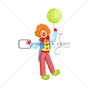 Colorful Friendly Clown With Balloon In Classic Outfit