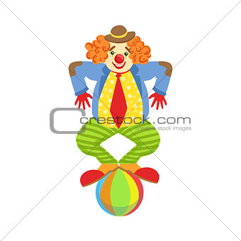 Colorful Friendly Clown Balancing On Ball In Classic Outfit