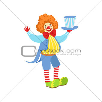 Colorful Friendly Clown Holding Top Hat In Classic Outfit
