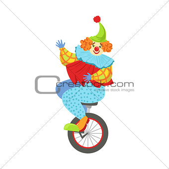 Colorful Friendly Clown Balancing On Unicycle In Classic Outfit
