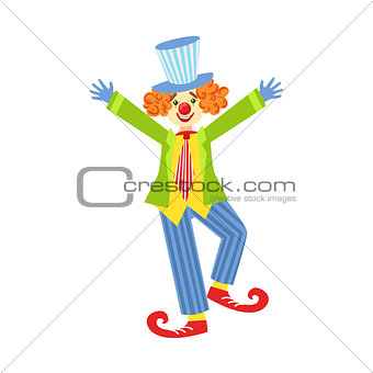 Colorful Friendly Clown With Curled Shoes In Classic Outfit