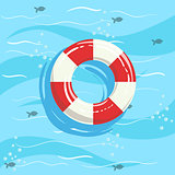 Classic Life Preserver Ring Buoy With Blue Sea Water On Background