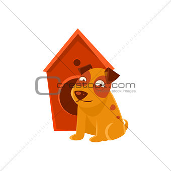 Smiling Puppy Next To Wooden Kennel