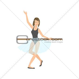Girl In Blue Skirt In Ballet Dance Class Exercising With The Pole