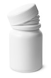 Single plastic bottle with cover removed for pills