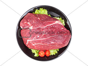 Fresh piece of raw beef isolated on white background. Top view