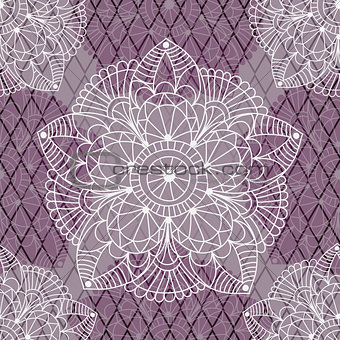 White and purple vintage figures. Seamless pattern