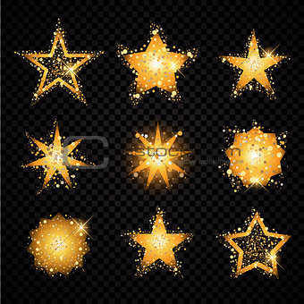 Gold glittering stars sparkling particles on transparent background. golden sparkles hallow tail. Vector glamour fashion illustration