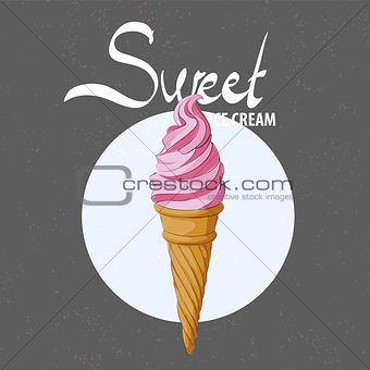 Strawberry ice cream in a waffle cone