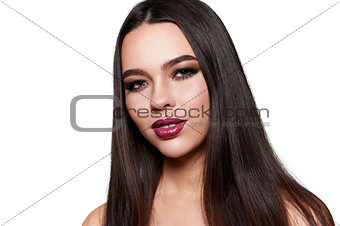 Front portrait of beautiful woman on white