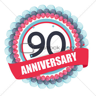 Cute Template 90 Years Anniversary with Balloons and Ribbon Vect