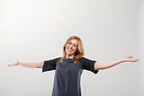 blonde real smiling woman with open arms