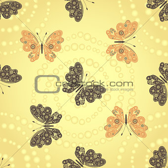Seamless golden pattern with brown and beige butterflies