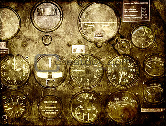 Grunge background with retro control panel in a war plane cockpi