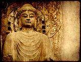 Grunge background with old paper texture and Buddha's statue