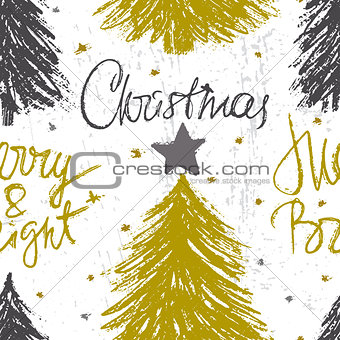 Merry Christmas ink hand drawn seamless pattern design with fir 