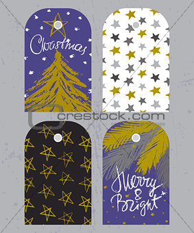 Christmas tags set with fir tree, festive lettering and star pat