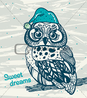 Graphic owl with night cap. Sweet dreams.
