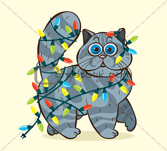 Funny domestic cat and garlands.