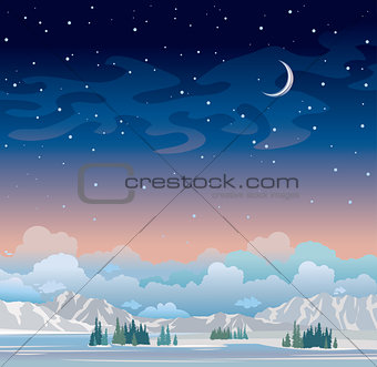 Night winter landscape with starry sky and moon.
