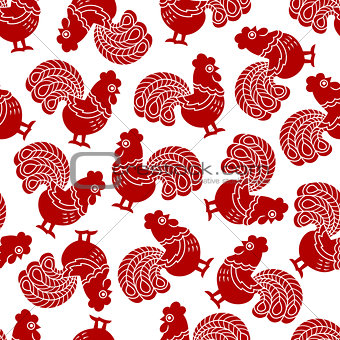 Seamless pattern with red cock, rooster - symbol of New Year 2017.