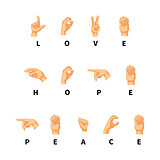 Love, hope and peace words on hand language
