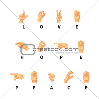 Love, hope and peace words on hand language