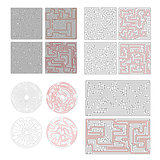 Set of different labyrinths with solutions on white