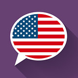 White speech bubble with American flag on purple background.