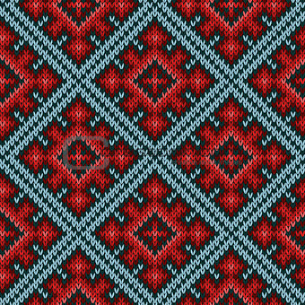 Seamless knitted pattern mainly in red and blue hues