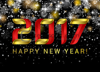 Happy new year 2017. Black space abstraction. Happy new year card. Gold template over black background with golden lights. Vector illustration