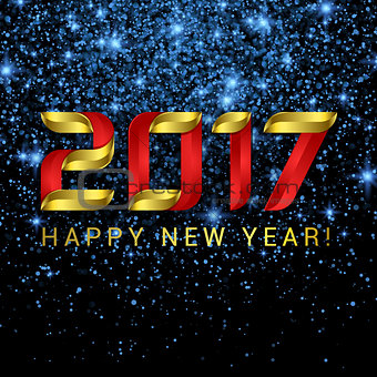 2017 Happy New Year greeting card with blue stars and lights on black background