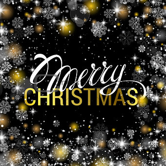 Christmas shining on black background with shiny gold and white snowflakes. It is snowing on the background of the creative gift card. Merry Christmas. Vector illustration