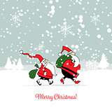 Santa brothers in winter forest. Christmas card