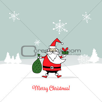 Santa Claus in winter forest. Christmas card