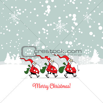 Santa brothers in winter forest. Christmas card