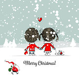 Happy couple in winter forest. Christmas card