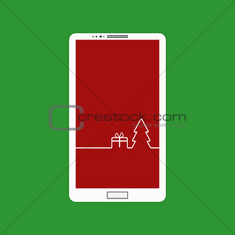 Flat vector illustration of modern smartphone touchscreen with a picture of the Christmas Design interface. Merry Christmas background with Christmas tree and gift.