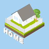 Isometric 3D icon. Pictograms house with a white fence and trees. Vector illustration eps 10