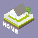 Isometric 3D icon. Pictograms house with a white fence and trees. Vector illustration eps 10