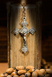 Silver Crucifix Rosary Bead and Holy Bible