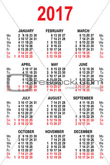 Calendar 2017 grid template