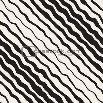 Vector Seamless Black and White Hand Drawn Diagonal Wavy Stripes Pattern