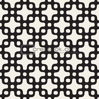 Rounded Cross and Circles Lattice. Vector Seamless Black and White Pattern.