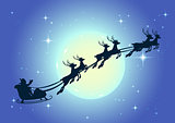 Santa Claus in sleigh and reindeer sled on background of full moon in night sky Christmas