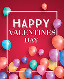 Happy valentines day card with flying balloons and white frame.