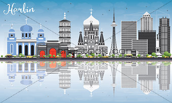 Harbin Skyline with Gray Buildings, Blue Sky and Reflections.