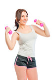 girl in a gray t-shirt with dumbbells for sports