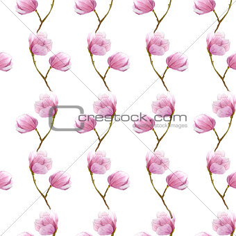 watercolor magnolia branches seamless pattern,hand drawn illustration on white background.season design for textile,print,wrapping paper.