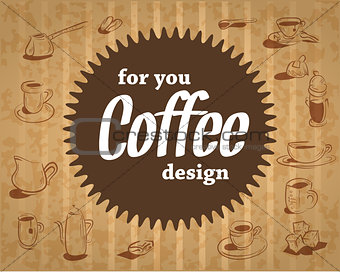 coffee logo on the cardboard background in vintage style with the sweet and fun party design which includes sweets,  cups  inventory.